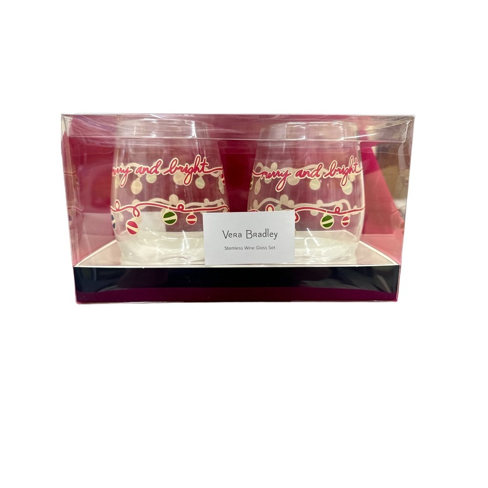 Vera‎ Bradley Merry & Bright Stemless Wine Glasses 16 oz. Brand New In Box